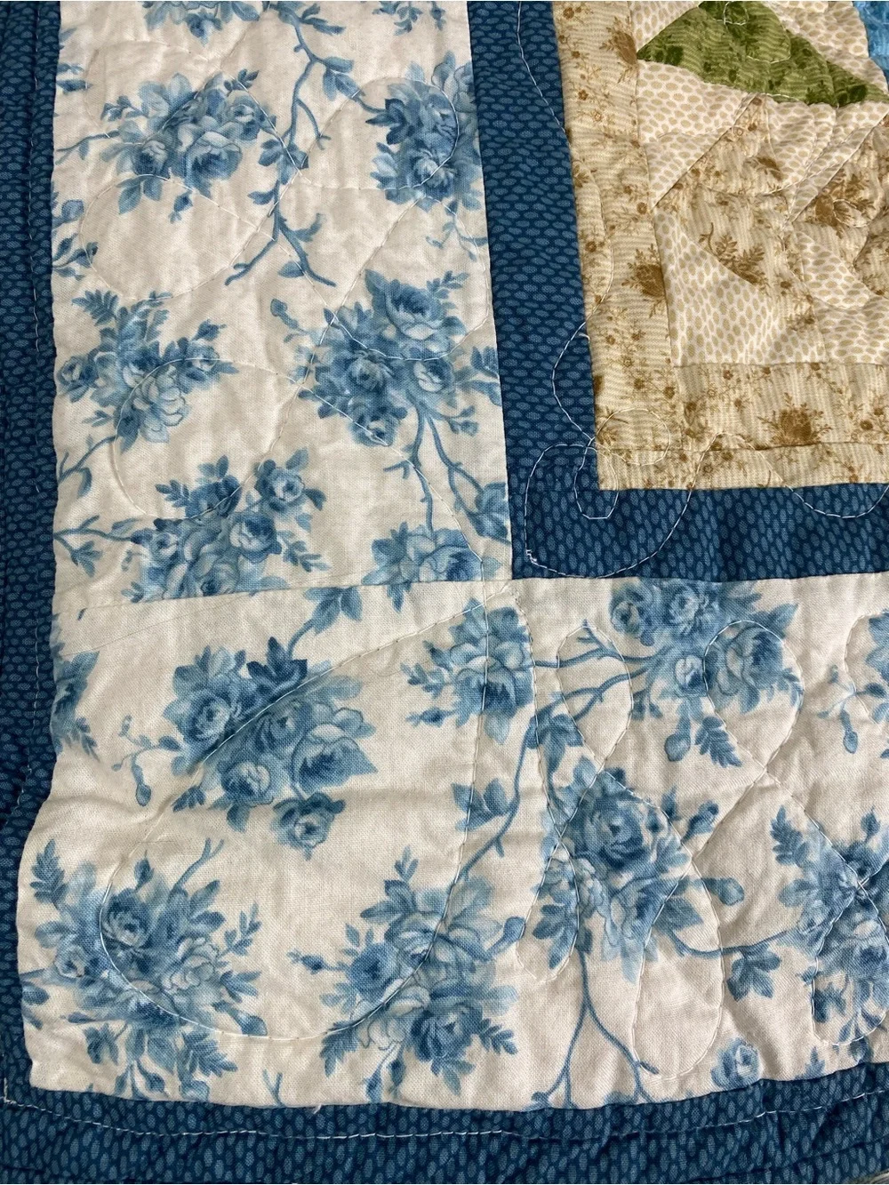 Handmade Patchwork Quilt Bedspread in Cream, Red, Blue & Green by